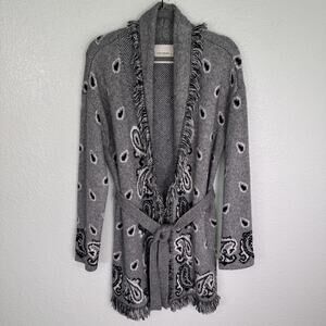 Lucky Brand Cardigan Sweater Womens Medium Paisley Fringe Belted Blanket Boho